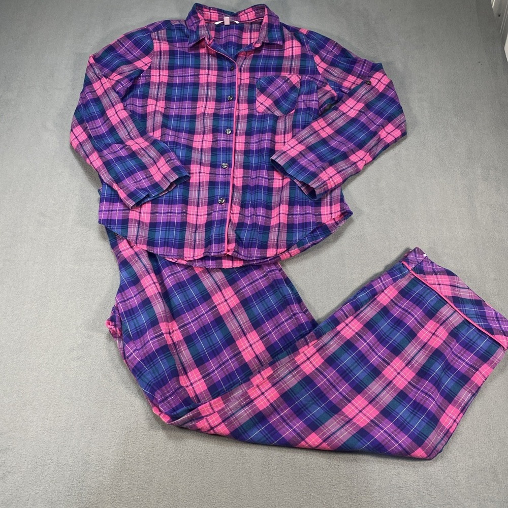 Victoria's Secret Small Y2K Plaid Light Flannel Pajama Set Pink Blue Roll Tab